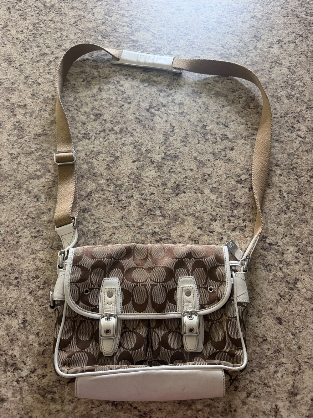 VINTAGE Coach White and Brown Signature Canvas Tag Crossbody